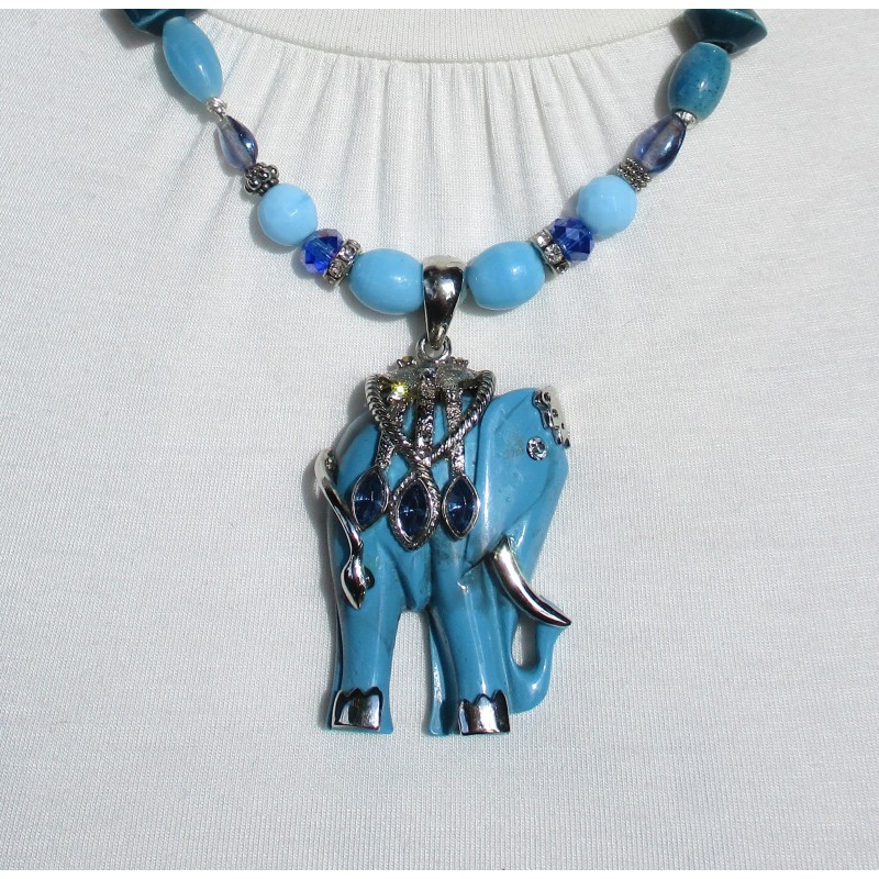 Collier éléphant Soizic bleu et bleu turquoise