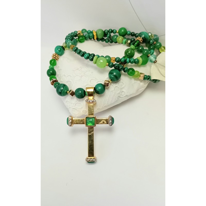 Collier-croix verte et dorée Appoline